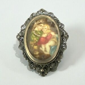 Antique Vintage‎ 800 Silver Brooch Pendant Hand Painted Cameo Woman & Children